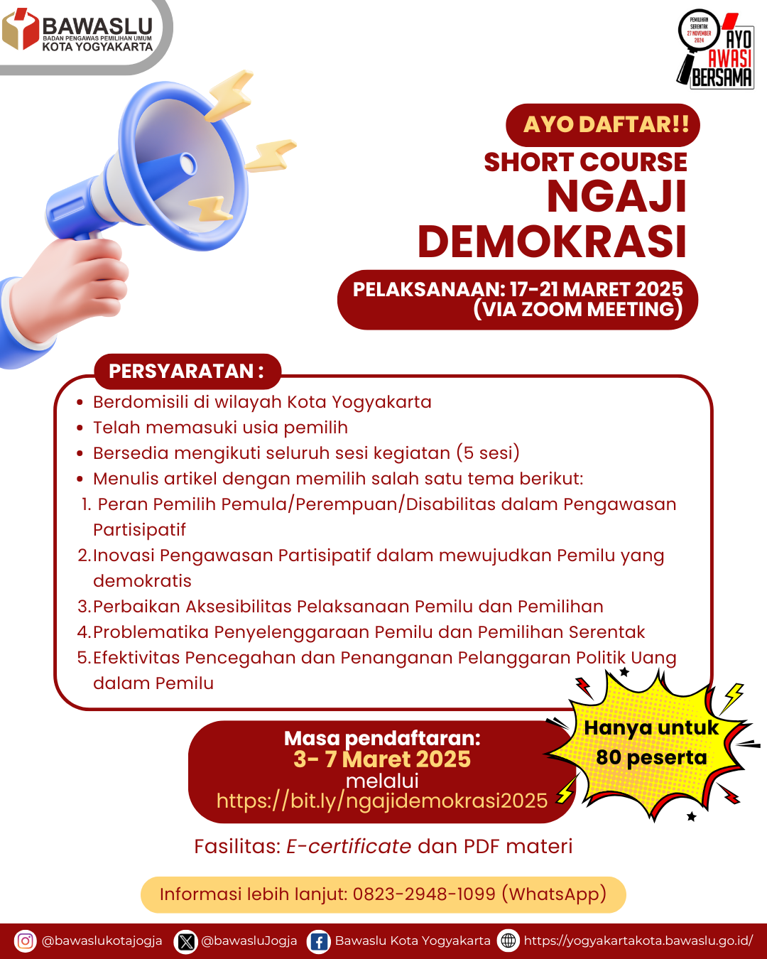 Syarat Pendaftaran Kegiatan Ngaji Demokrasi Bawaslu Kota Yogyakarta