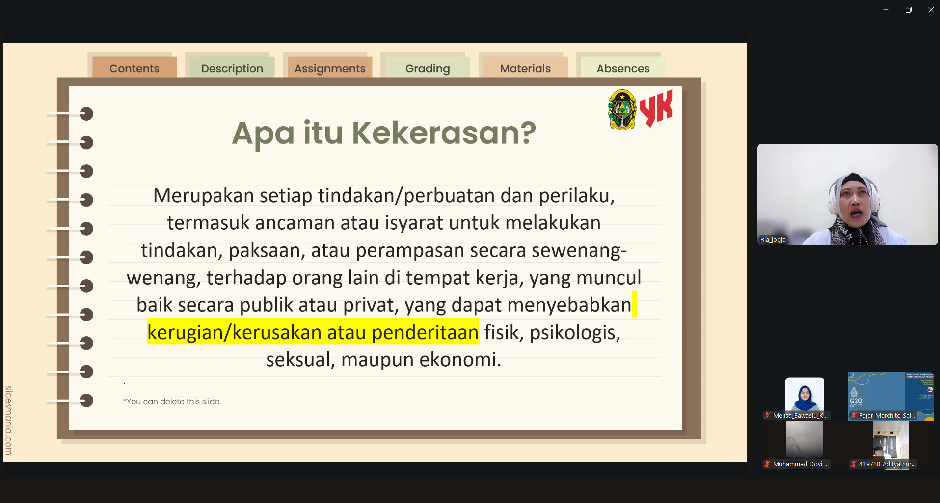 Bawaslu Kota Yogyakarta menghadirkan narasumber dari DP3AP2KB Kota Yogyakarta pada Rapat Kerja Teknis "Perlindungan Perempuan dan Anak Korban Kekerasan Berbasis Gender”