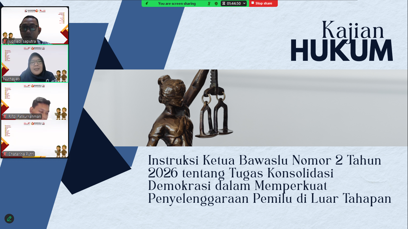 Bawaslu Kota Yogyakarta menyelenggarakan Kajian Hukum bertema “Pembahasan Surat Instruksi Ketua Bawaslu Nomor 2 Tahun 2026 tentang Tugas Konsolidasi Demokrasi dalam Memperkuat Penyelenggaraan Pemilihan Umum di Luar Tahapan” secara daring melalui Zoom Meeting