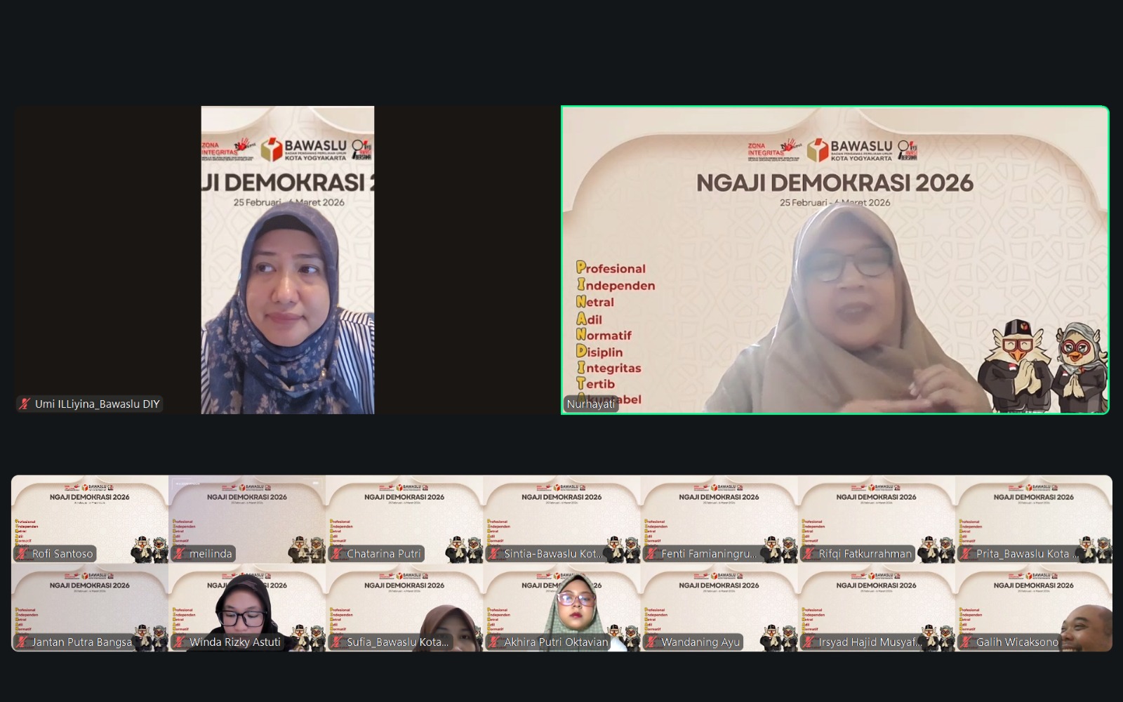 Ngaji Demokrasi sesi 1 menghadirkan Anggota Bawaslu DIY Umi Illiyina dan Anggota Bawaslu Kota Yogyakarta Siti Nurhayati sebagai narasumber