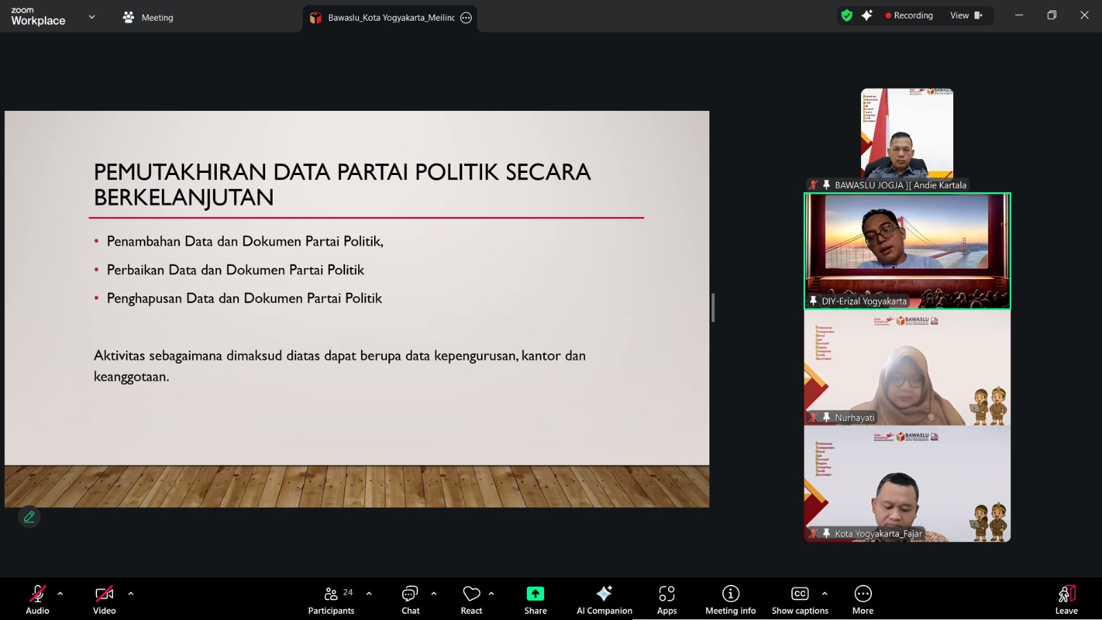 Bawaslu Kota Yogyakarta bersama KPU Kota Yogyakarta melaksanakan Kajian Hukum terhadap Keputusan KPU Nomor 658 Tahun 2024 tentang Perubahan atas Keputusan KPU Nomor 1365 Tahun 2023 tentang Pedoman Teknis Pemutakhiran Data Partai Politik secara Berkelanjutan melalui SIPOL