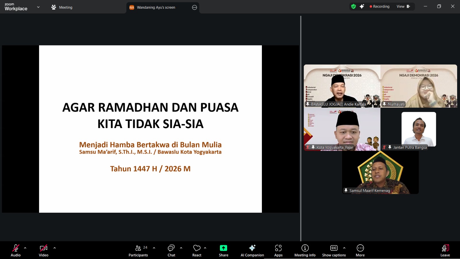 Siraman Rohani sesi 2 mengangkat tema “Agar Ramadhan dan Puasa Kita Tidak Sia-Sia (Menjadi Hamba Bertakwa di Bulan Mulia)”