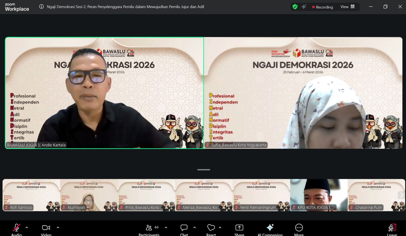 Ngaji Demokrasi sesi 2 mengundang Ketua Bawaslu Kota Yogyakarta Andie Kartala dan Komisioner KPU Kota Yogyakarta Agus Muhamad Yasin sebagai narasumber