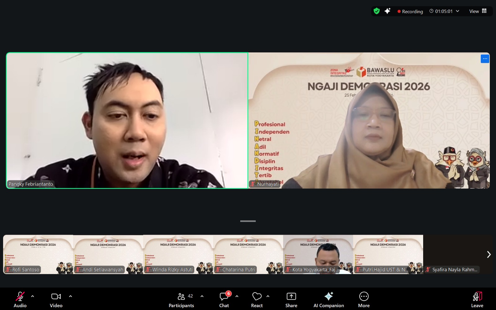 Anggota Bawaslu Kota Yogyakarta Siti Nurhayati dan akademisi Pangky Febriantanto menjadi narasumber pada Ngaji Demokrasi sesi 3