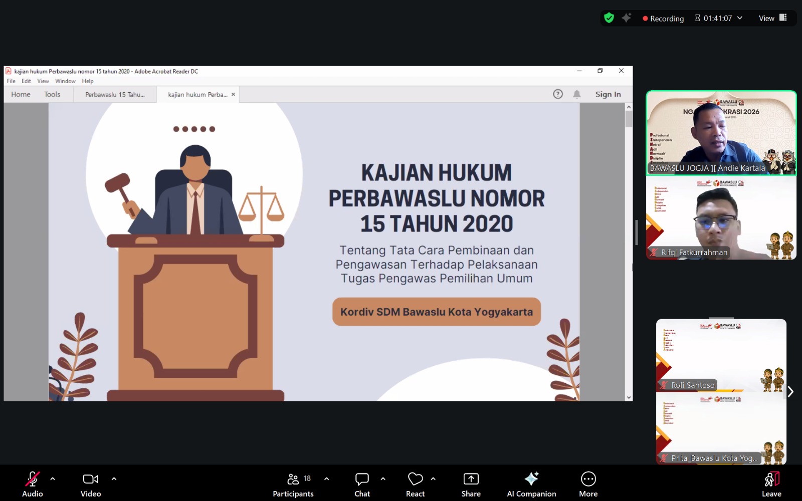 Ketua Bawaslu Kota Yogyakarta menjadi narasumber dalam kegiatan Kajian Hukum yang membahas Perbawaslu Nomor 15 Tahun 2020 tentang Tata Cara Pembinaan dan Pengawasan terhadap Pelaksanaan Tugas Pengawas Pemilu