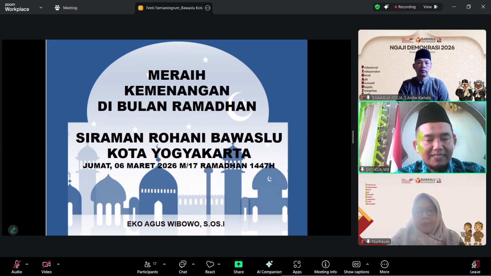 Siraman Rohani sesi 3 mengundang Eko Agus Wibowo dari Kementerian Agama Kota Yogyakarta sebagai narasumber