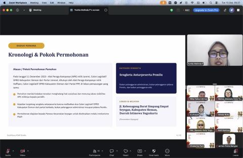 Sebagai bahan pembelajaran, Plt. Kasubbag P3SPH Bawaslu Kota Yogyakarta, Yunita Melinda Putri, membedah studi kasus sengketa antarpeserta Pemilu yang berkaitan dengan alat peraga kampanye (APK)